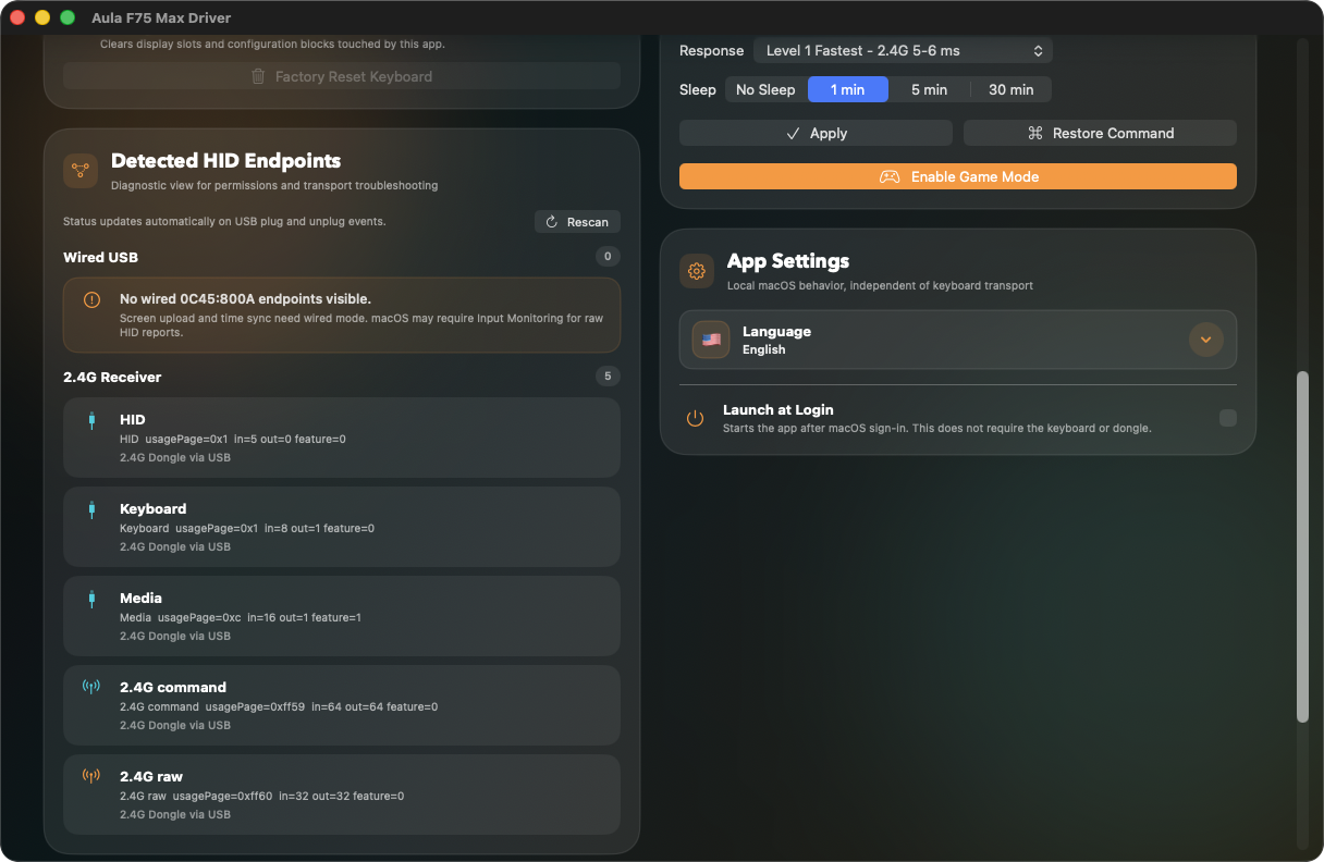 HID endpoint diagnostics and app settings